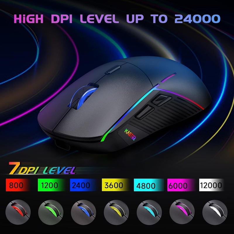 FFJ Wireless Gaming Mouse, 24000 DPI, Tri-Mode 2.4G/USB-C/Bluetooth 5.3 Gaming Mouse Wireless, RGB Programmable Mouse Gamer, 75Hrs Battery Life, Rechargeable Gaming Mice for PC, Mac, PS5, Xbox - Black - Image 3